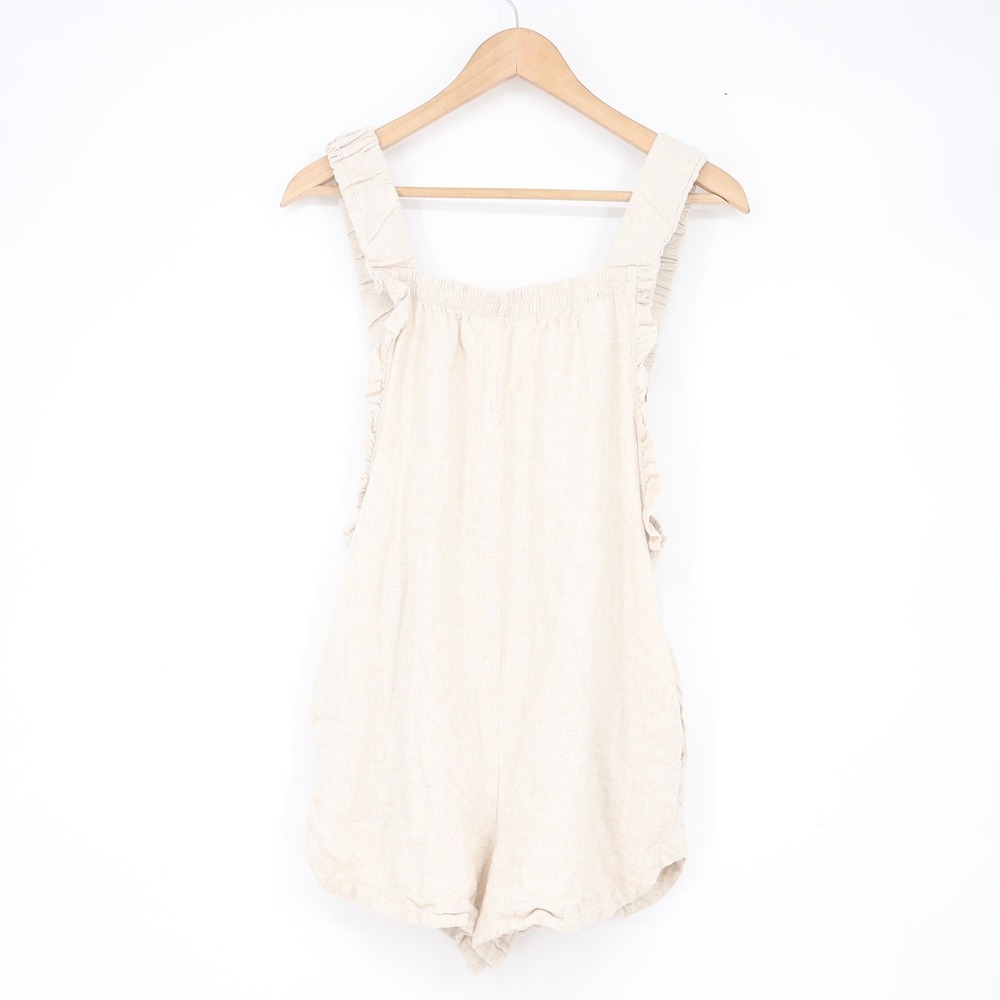 Candidly Chan Oatmeal Beige Linen Blend Ruffle Strap Romper Small